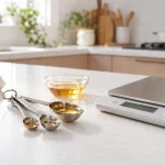 계량스푼에 덜어 둔 올리고당 시럽과 주방 저울