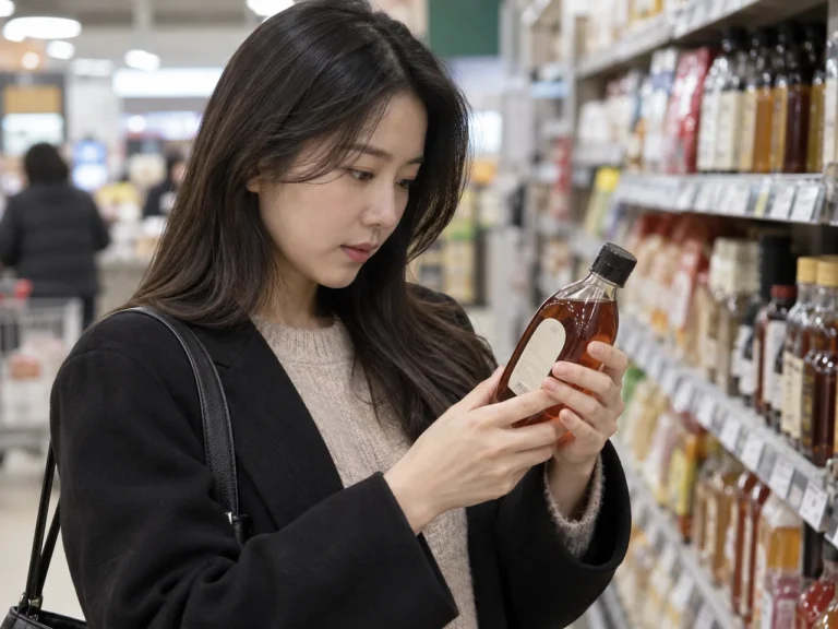 마트 진열대 앞에서 시럽 병 뒷면 표시를 읽는 여성