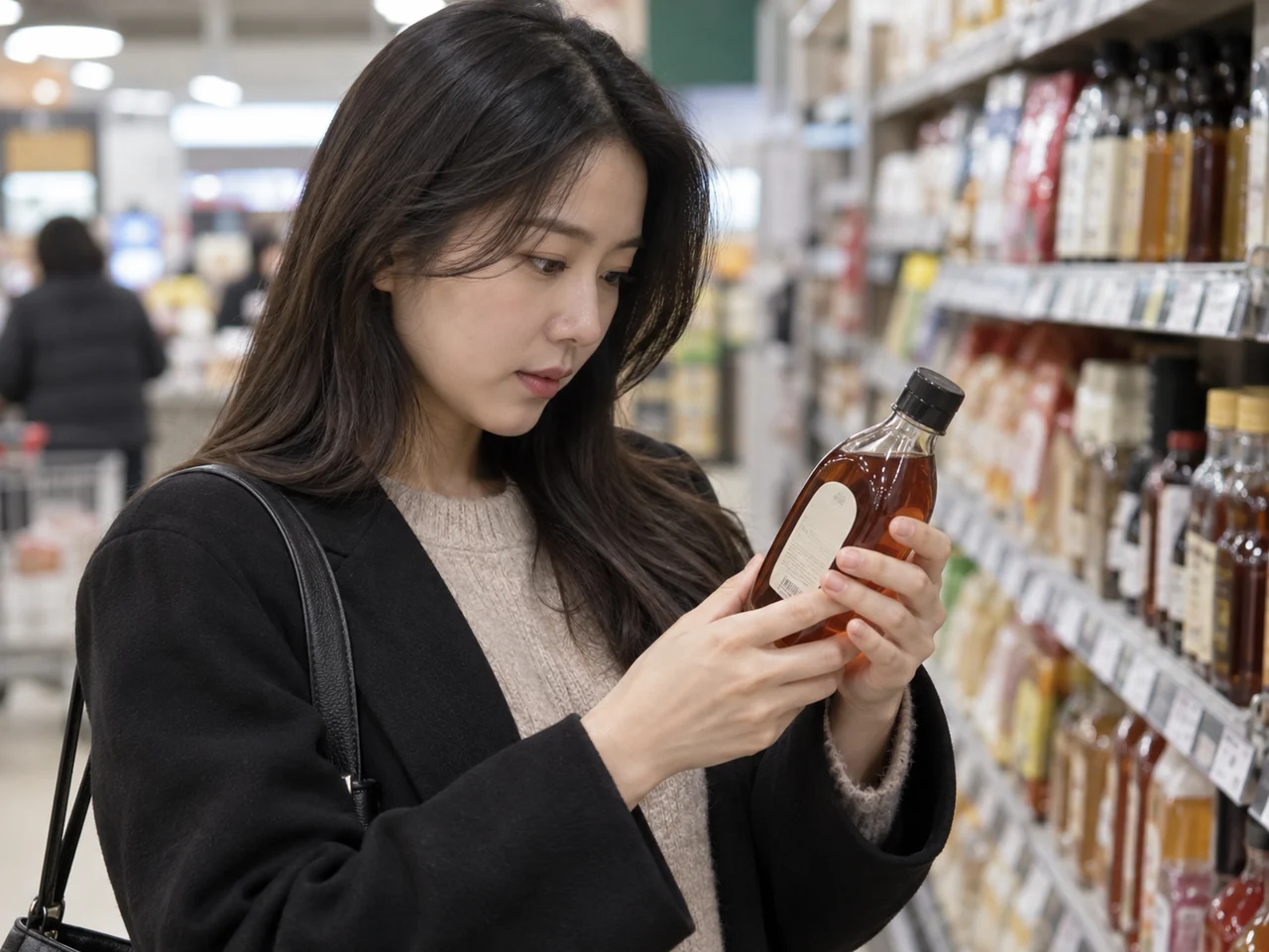 마트 진열대 앞에서 시럽 병 뒷면 표시를 읽는 여성