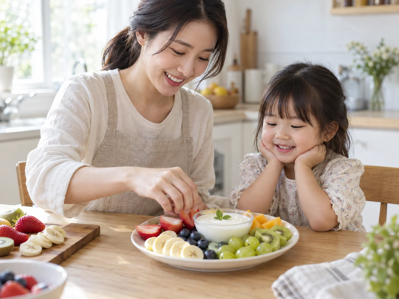 아이와 함께 과일과 요거트 간식 접시를 준비하는 보호자