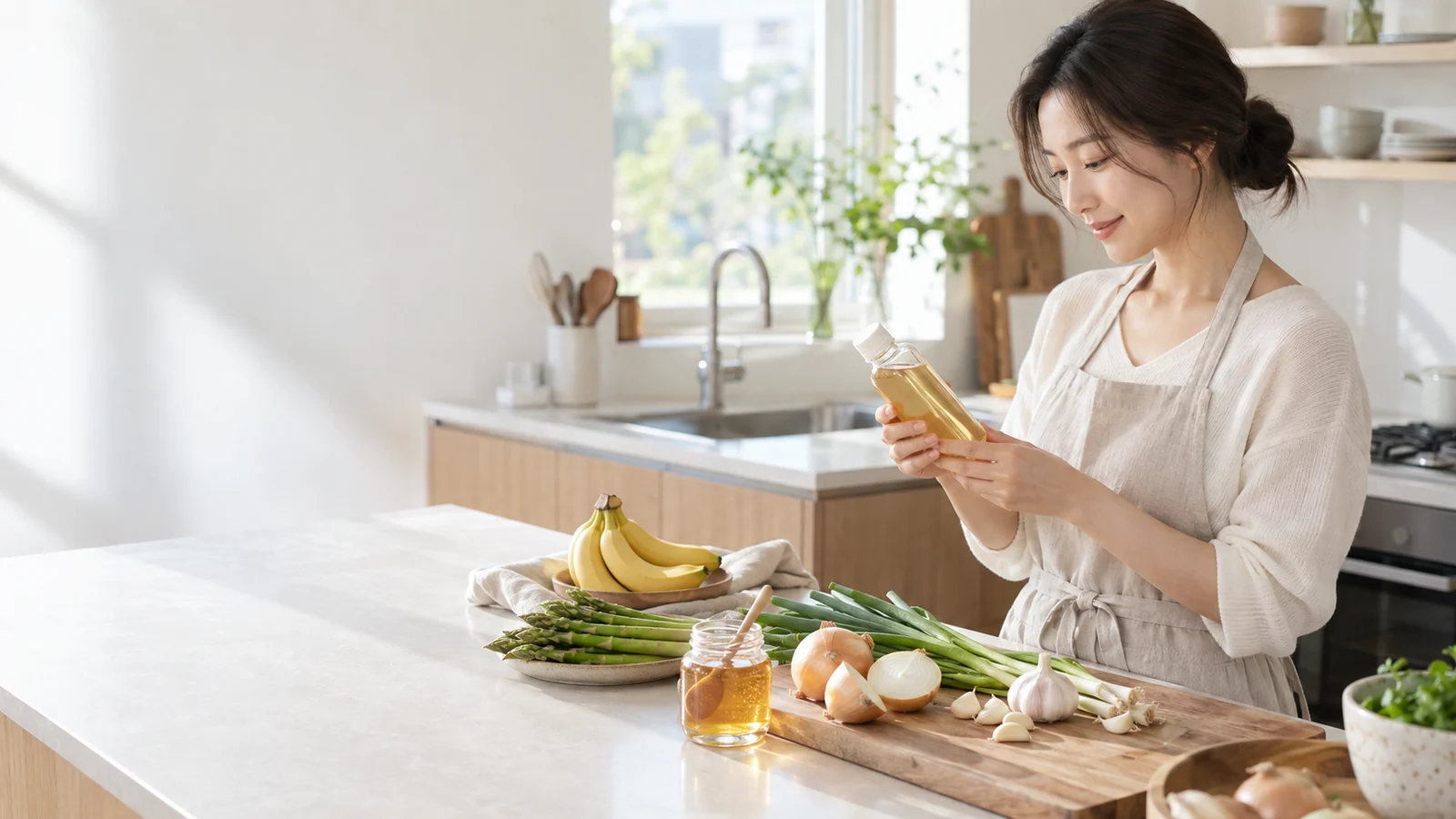 양파 바나나 아스파라거스를 손질하며 시럽 병 표시를 확인하는 주방 장면