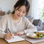 밥과 익힌 채소 옆에서 식사 일지를 쓰는 여성