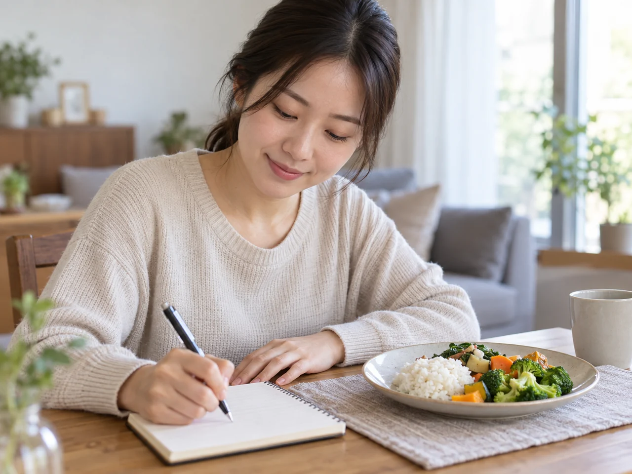 밥과 익힌 채소 옆에서 식사 일지를 쓰는 여성