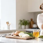 아침 햇살이 드는 주방에서 프락토올리고당 시럽 병 표시를 읽는 여성과 양파 마늘 바나나 아스파라거스