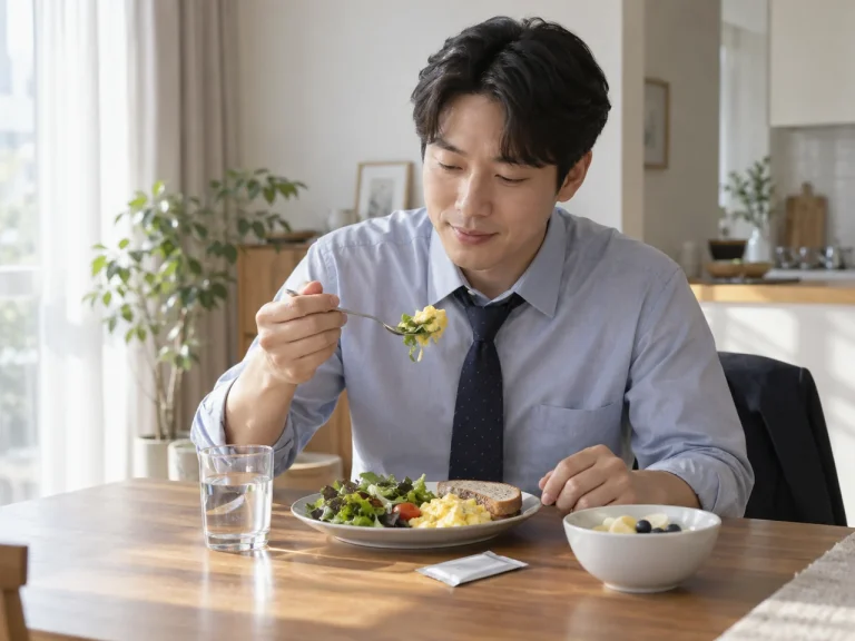 아침 식사 자리에서 물 한 잔과 작은 스틱 포를 둔 직장인