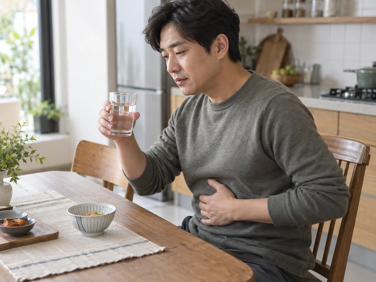 물 한 잔을 들고 배에 손을 얹은 채 앉아 있는 남성