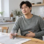 식탁에서 물컵을 들고 복부 불편감을 살피는 남성