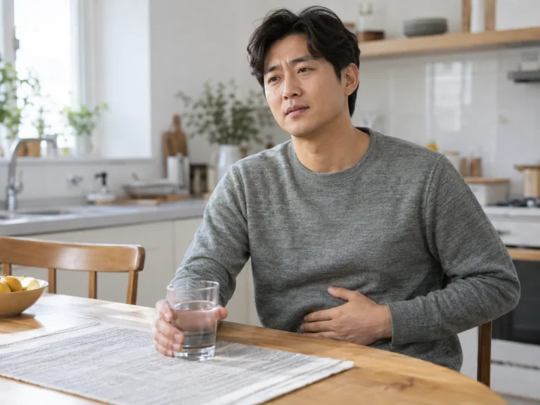 식탁에서 물컵을 들고 복부 불편감을 살피는 남성