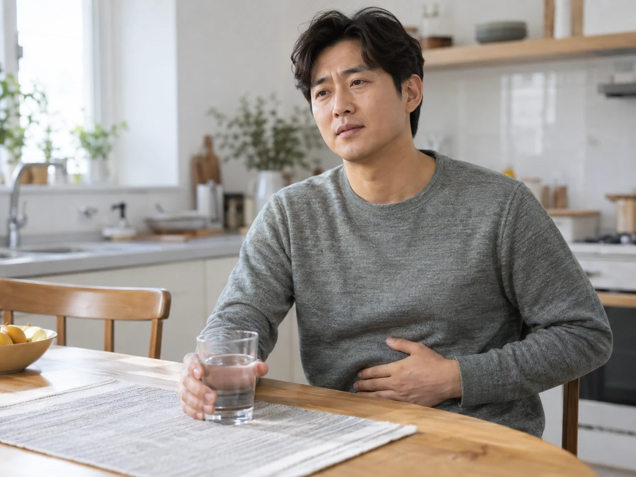 식탁에서 물컵을 들고 복부 불편감을 살피는 남성
