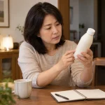 식탁에서 제품 병의 당류 표시를 확인하는 중년 여성