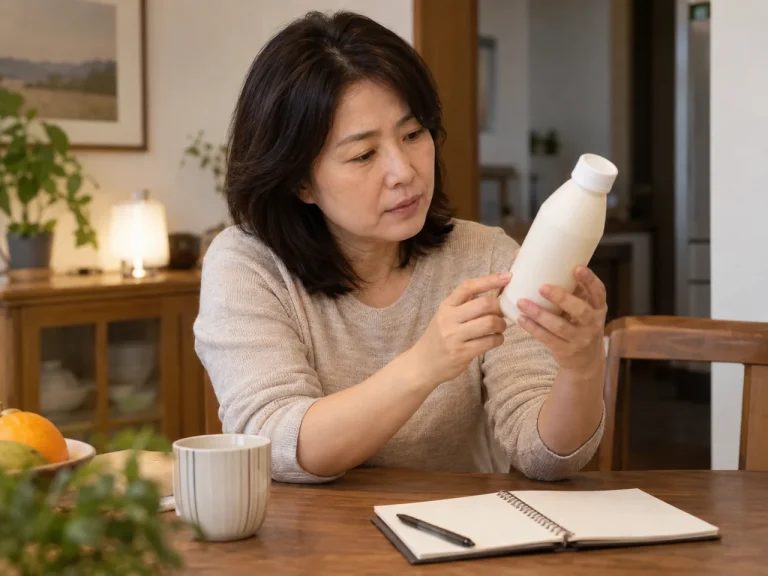 식탁에서 제품 병의 당류 표시를 확인하는 중년 여성