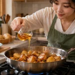 조림 팬에 올리고당 시럽을 두르는 가정 요리 장면