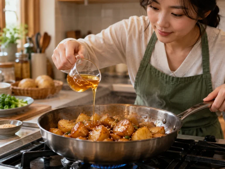 조림 팬에 올리고당 시럽을 두르는 가정 요리 장면