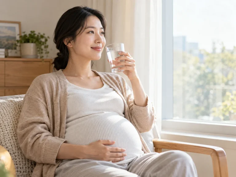 창가에 앉아 물을 마시는 임신부